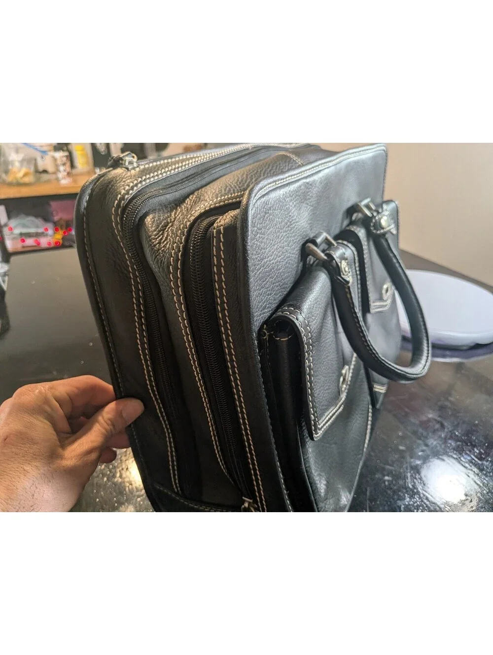 Black Leather Business Briefcase Laptop Bag Multi Compartment Dual Front Pockets